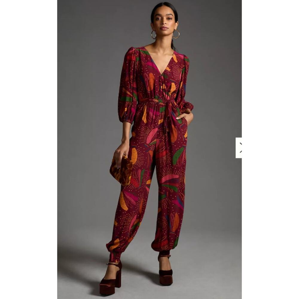 Farm Rio x Anthropologie Banana Print Harem Jumpsuit XS Viscose Boho Resort